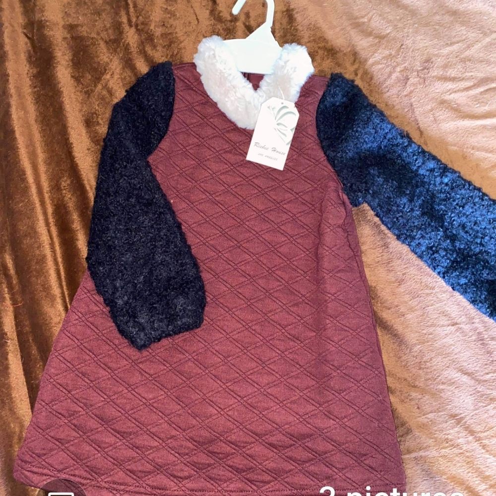 NWT Burgundy Quilted A-Line Dress w/ Faux Fur Collar by Richie House - sz 5